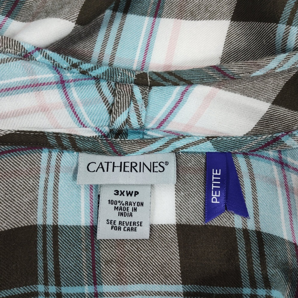 Catherines Petite Plus 3XWP Plaid Open Front Cardigan Blue Brown Rayon Draped - Picture 9 of 10